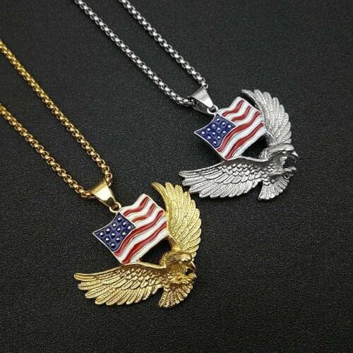 Hip Hop American Flag Eagle Pendant & Chains For Men Gold Color Stainless Steel Animal Necklaces Male Bling Jewelry Dropshipping