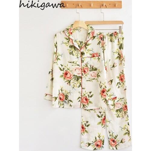 Hikigawa Spring Summer Thin Cotton Pajamas for Women Long-sleeve Trousers Home Service Suit Japanese Loose Pajama Two-piece Sets