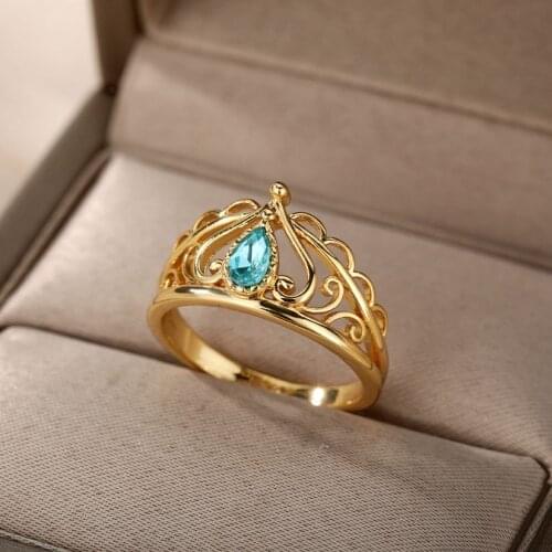 Vintage Rings for Women Men Stainless Steel Gold Punk Crown Ring Blue Zirconia Crystal Anillo Jewelry Queen Accessories Mujer