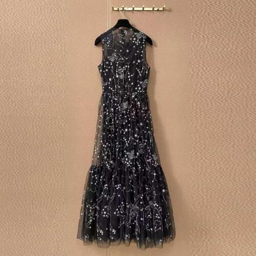 Embroidery Runway Fashion Black Summer Luxury Flower Stars Mesh Elegant Party Beach Ladies Long Dress