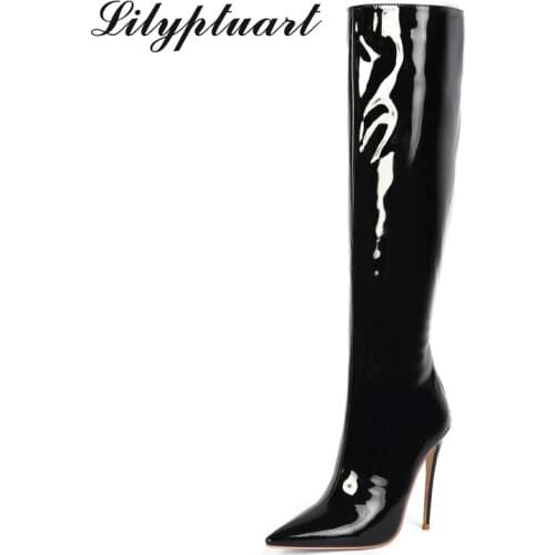 2020 European and American style patent leather fashion boots pointed super high heel large size matte winter boots women