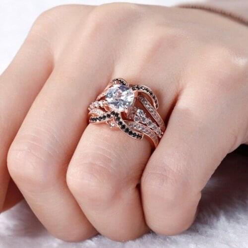 Best Selling New Rose Gold Plating Black Full Zircon Ring Set Creative Luxury Female Rings for Women Girls High Quality