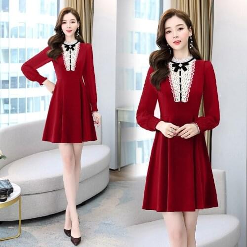 Korean Elegant Ruffled Collar Lace Dresses Boho Bodycon Long Sleeve Vintage Runway Dress Spring Summer