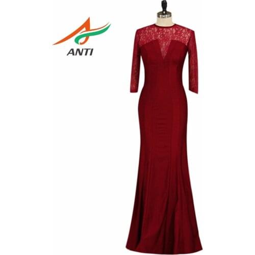 ANTI Burgundy Lace Formal Evening Dress Elegant O-Neck Gown Party Vestido De Festa Longo Bridal Dresses Custom Made HQY630