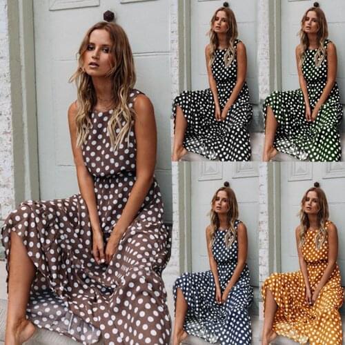 Summer Sleeveless Polka Dot Print Women Midi Dress Casual Vogue Dresses A-Line Boho Elegant Beach Long Dress Vestidos