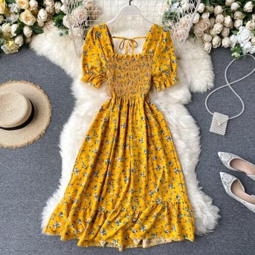 Boho slim vintage floral print Summer midi long Dress square collar chiffon dress Party Women elastic beach holiday tunic Dress