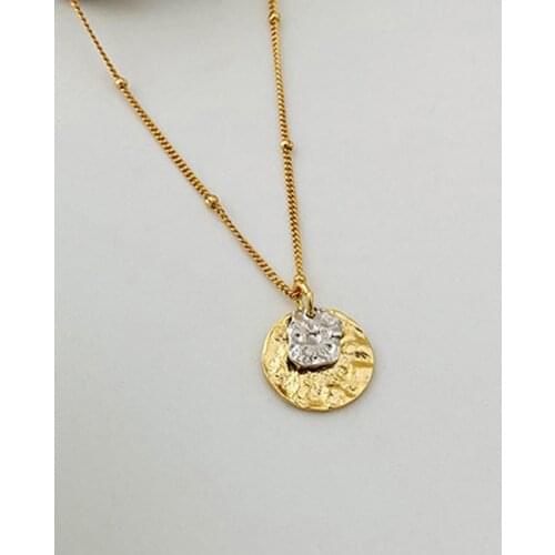 Golden Silver Mixed Disc Necklace 925 Sterling Silver Jewelry Retro Grain Carving Love Round Necklace Female Ins Niche Necklace