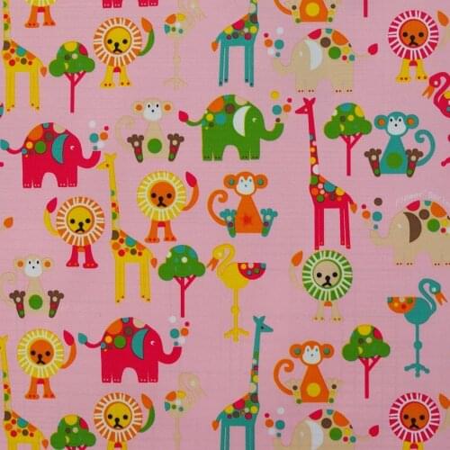 1 yard Polyester/PVC coated Waterproof Fabric for bag,- Cartoon -Tiger elephant lion monkey on light pink (width=140cm)