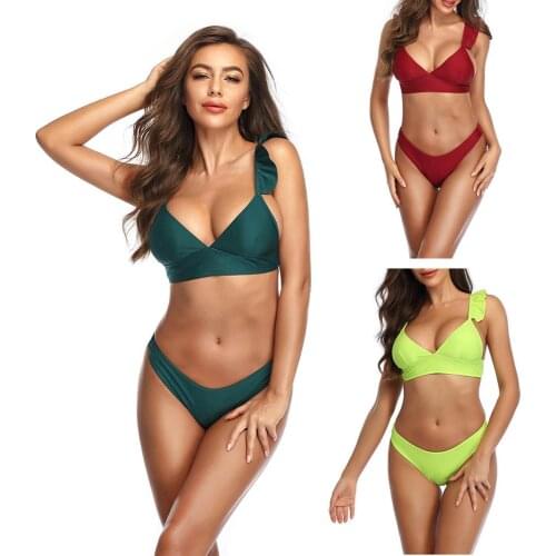 2021 Sexy High Cut Bikini Push Up Solid Bandage Swimwear Women Ruffle Strap Bikini Set Swimsuit Women Bathing Suit