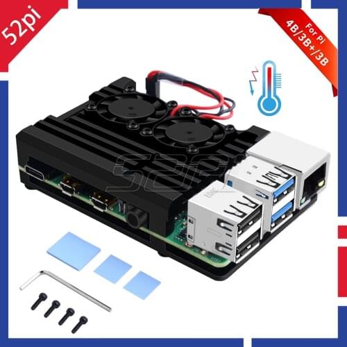 52Pi New! Raspberry Armor Case Aluminum Alloy Cooling Heatsink Metal Case with Dual Fan for Raspberry Pi 4 B / 3B+ / 3B