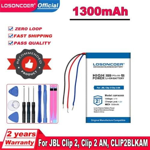 LOSONCOER 1300mAh GSP383555 Battery For JBL Clip 2, Clip 2 AN, CLIP2BLKAM CS056US P04405201 P044052 Free tools Stand Holder