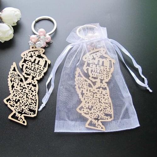 24Pcs Baptism Wood Design Keychain Favors with Angel for Girl Pink Recuerdos de Bautizo Christening with Organza Gift Bags Gift