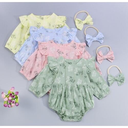 2Pcs Infant Baby Floral Print Clothes Set Long Sleeve O-neck Romper with Ruffles+ Bow-knot Headband for Girls 0-24 Months