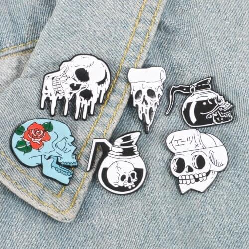 6 Style Skeleton Enamel Pin Coffee Pot Pizza Skull Badge Brooch Backpack Clothes Lapel Pin Punk Jewelry Gift for Friends