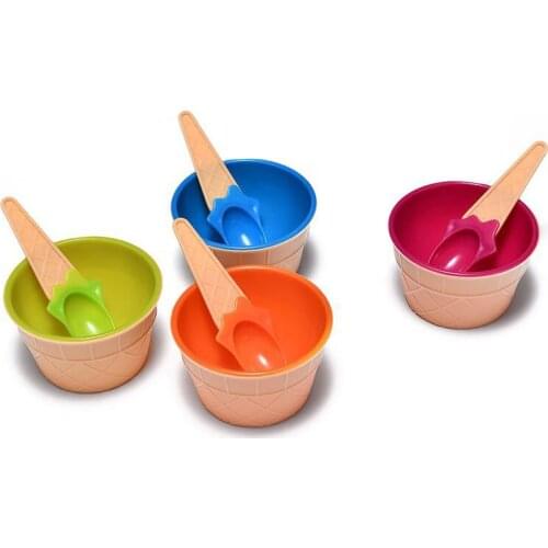 Geetest 4Pcs Children Colored Ice Cream Bowl + Cone Spoon Plastic Children Party Style Dessert Small Bowl Kitchen Accessorie