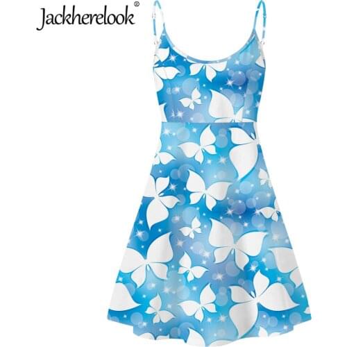 Jackherelook Blue Butterfly Animal Print Summer Spaghetti Strap Party Dress Casual Ladies Sleeveless Mini Dresses Vestido Mujer