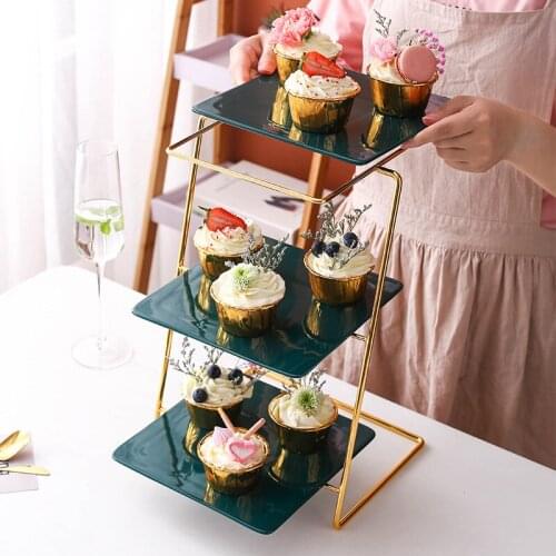 Ceramic Tray Wrought Iron Three-layer Cake Tray Dessert Table Display Stand Afternoon Tea Dessert Tray Multi-layer Pastry Tray