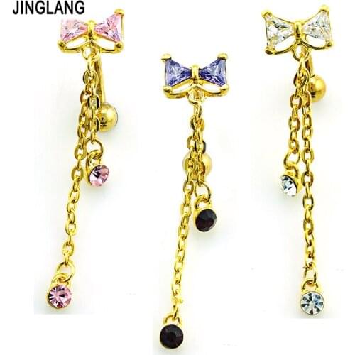 Brand New Fashion Belly Button Rings Gold Color Surgical Steel Dangle Rhinestone Chain Navel Piercing Jewelry