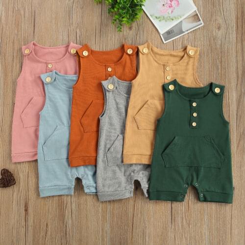 Summer New Baby Girls Boys Solid Color Short Romper Clothes Sleeveless O-neck Button Large Pocket Jumpsuit For Toddler Infant