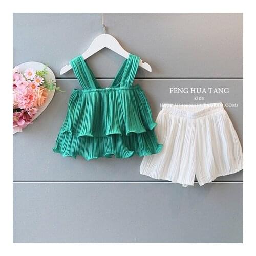 Girls Clothing Sets 2021 Summer Kids Clothes Floral Chiffon Halter+Embroidered Shorts Straw Children Clothing