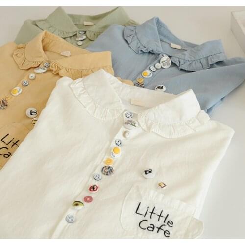 Lamtrip Unique Colorful Buttons Cup Sahped Pocket Design Kawaii Long Sleeve Cotton Shirt Blouse Cartoon Top Girl