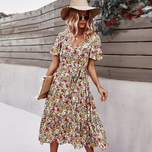 Summer Dress Women Short Sleeve Floral Print Dress Casual High Waist Sexy V Neck Vintage Dress For Woman Bohemian Holiday Dress