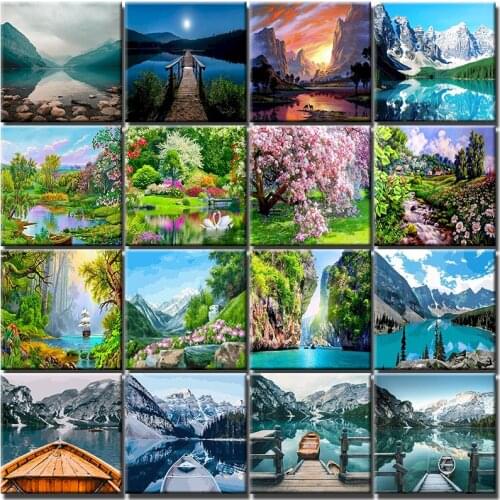 Spring Scenery Oil Pictures By Numbers Natural Landscape On Canvas Acrylic Paint For Adults Coloring Painting By Numbers Decor