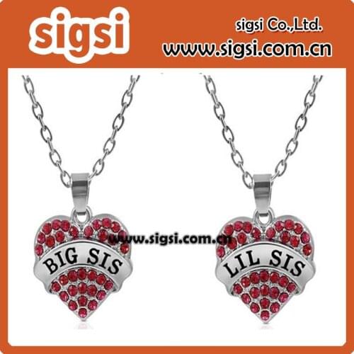 Fashion Matching Big Sis Lil Sis Red Crystal Heart Necklace Set Gift for Little Sisters Pendants