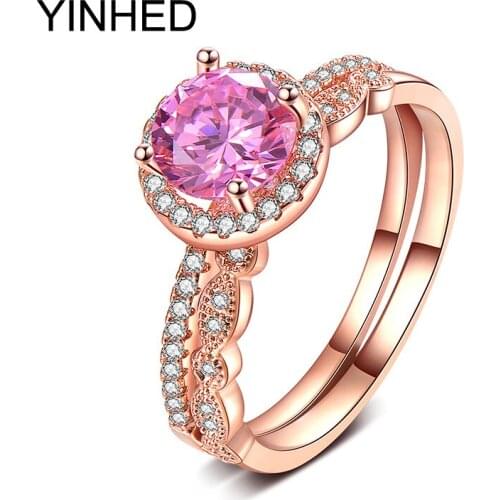YINHED Luxury Rose Gold Color Wedding Engagement Ring Sets for Women Girls Pink Cubic Zircon Jewelry Accessories Anillos ZR478