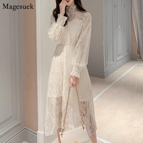 New Spring Floral Lace Dress Women Long Sleeve Ruffle Party Dress Female Stand Collar Slim Casual Summer Dresses Vestidos 12530