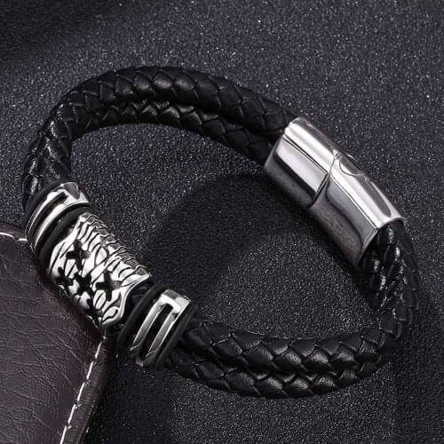 New Men Jewelry Bracelet Double Layer Black Braided Leather Bracelets & Bangles Magnetic Clasps Male Fashion Jewelry Gifts S0078