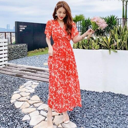 Long Floral Chiffon Women Dress Summer 2020 Runway Elegant Vintage Party Dress Boho Tropical Beach Vacation Dresses Black Red
