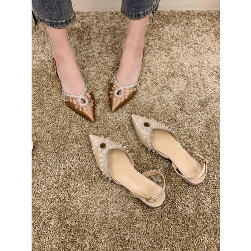 Sexy Pointed-Toe Sweet Ladies Single Shoes Summer Trend Hot Sale One-Word Buckle Crystal Flat Comfortable Casual Shoes