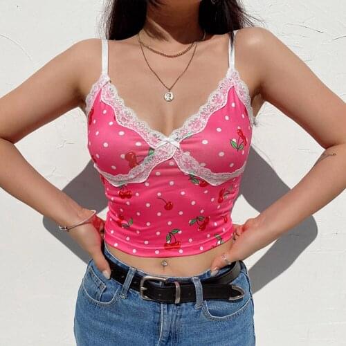 Sexy Tops Girls Cherry Graphic Stpaghetti Strap Pink Crop Tops Sweet Comfortable Deep V Lace Trim Backless Summer Cami Tank Tops