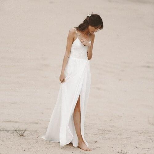 Chiffon High Split Backyard Wedding Dress Lace Boho Sexy Simple Beach Slip Dresses Plus Size Backless Photography Bridal Gown