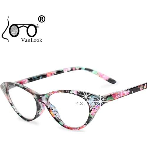 Rhinestone Cat Eye Reading Glasses for Farsighted Floral Womens Spectacles with Diopters Fashion Degree Eyeglasses +1.0 +1.5 +2