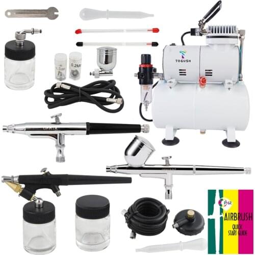 OPHIR Air Tank Compressor Set with 3-Airbrush Spray Gun Kits for Hobby Model Painting Cake Tattoo 110V,220V AC134+004A+071+074