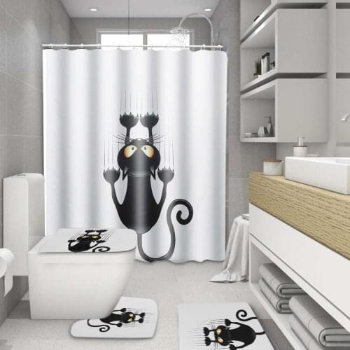 180x180cm Polyester Cat Shower Curtain Bathroom Waterproof with 10 Hooks Pedestal Rug Lid Toilet Cover Bath Mat Set