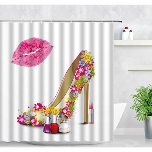 Flower High Heel Red Lips Print Shower Curtains Fashion Girl Home Bathtub Decor Gift Bath Screen Waterproof Bathroom Curtain Set