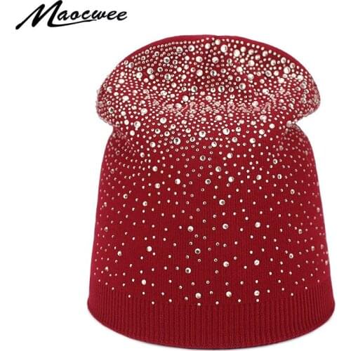 Female Winter Beanie Hats Knitted Shine Diamond Caps Women Flashing Rhinestone Bonnet For Girl Skullies Beanies Hat Autumn Caps