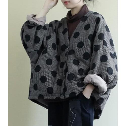 Women Polka Dot Parkas V-Neck Bat Sleeve Oversize Warm Coats Autumn New Button Loose Female Clothes Casual Parkas Outerwear