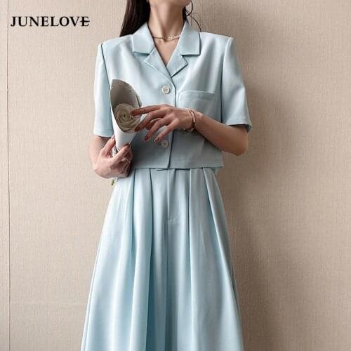 JuneLove 2021 Women Blazer A Line Skirt 2 Pieces Set OL Skirt Suit Vintage Single Breasted Short Blazer Jacket Sets Blue White