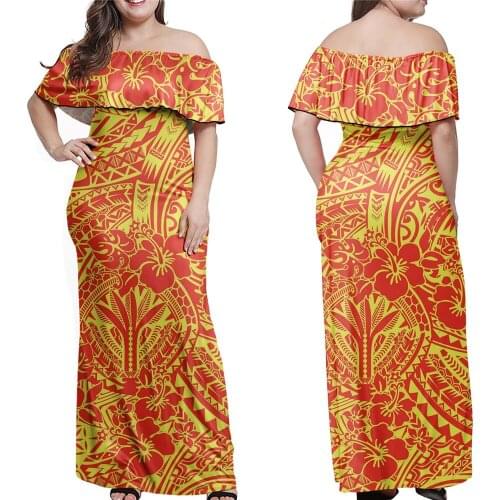 Jackherelook Vintage Polynesain Tattoo Tribal Hibiscus Floral Print Elegant Party Maxi Long Dress Womens Off Shoulder Dresses