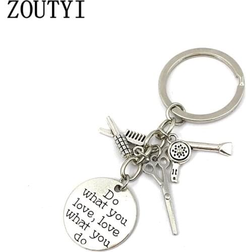 1 hair stylist keychain comb hair dryer scissors keychain alloy gold and silver keychain women mens jewelry barber gift