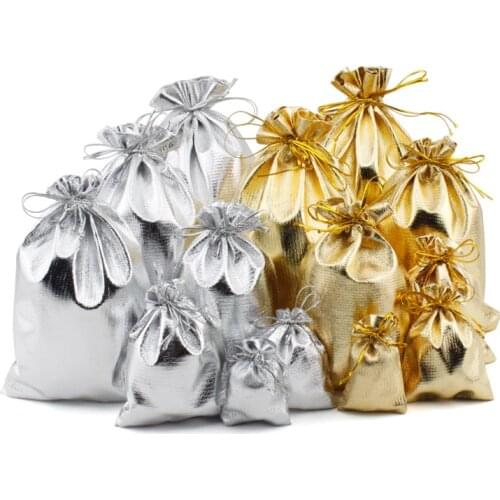 100pcs/lot Plated Fabric Jewelry Packing 7x9cm 11x16cm Small Silver Gold Jewellery Pouches With Drawstring for Wedding Gift Bags
