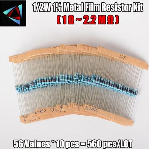 560pcs 1/2W 0.5Watt 1% 1-2.2M ohm 0.5W 56Values Metal Film Resistance Assorted kit Set