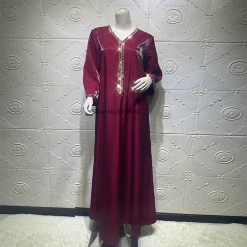 Satin Dubai Abaya Jalabiya Shiny Rhinestones V Neck Long Sleeve Islam Muslim Women Robe Party Dress Arab Turkey Moroccan Kaftan