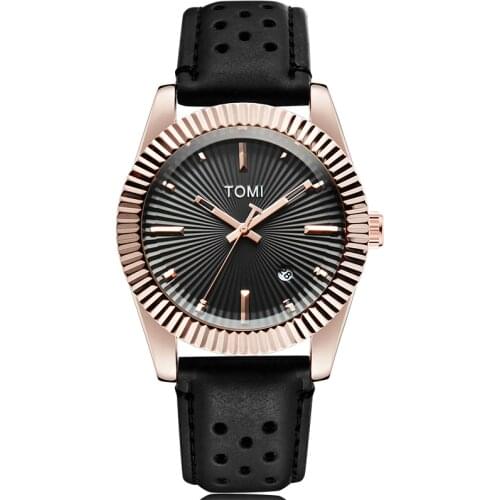 TOMI Brand Men Watch Quartz Hours Clock Auto Date Brown Leather Band Rose Gold Case Casual Vintage Man Watches Male Wristwatch