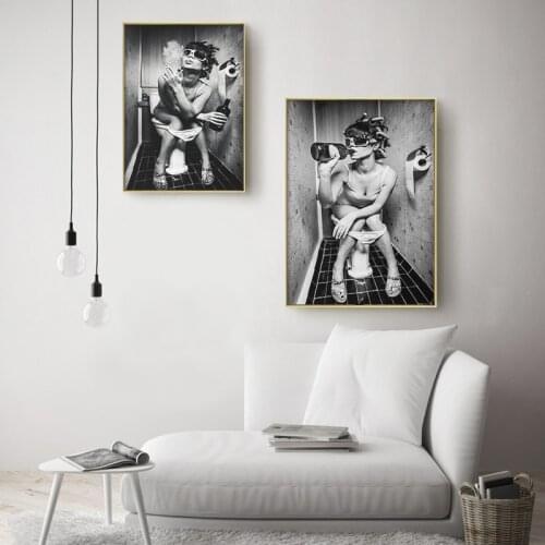 Black and White Poster Canvas Printing Toilet Smoking Drinking Woman Wall Art Sexy Ladies Pisture for Toilet Decoration Men Cave