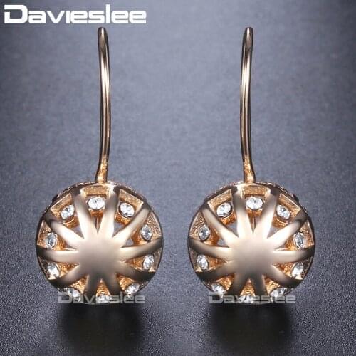 Davieslee Dangle Earring for Women Engraving Flowers Round Ball Womens Earring 585 Rose Gold Filled Fashion Jewelry Gift DGE123